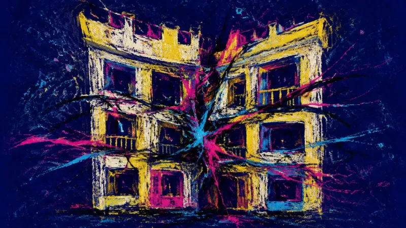 An apartment building crushed into one tangled room, representing friendship insecurity, exclusion