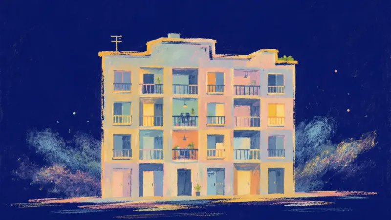 A restored apartment building with distinct rooms held in one coherent structure, symbolizing secure