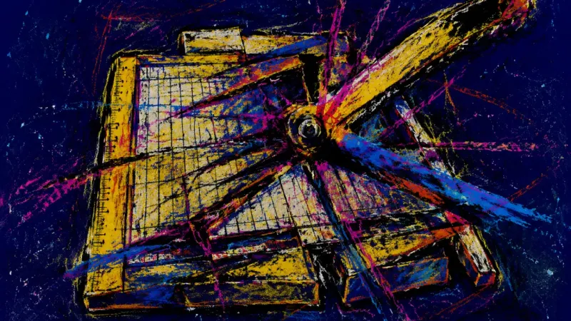 A warped paper cutter trapped in tangled divisions represents hypervigilant self-censorship under