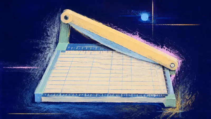 A restored paper cutter with balanced divisions symbolizes concise boundaries, selective speech, and