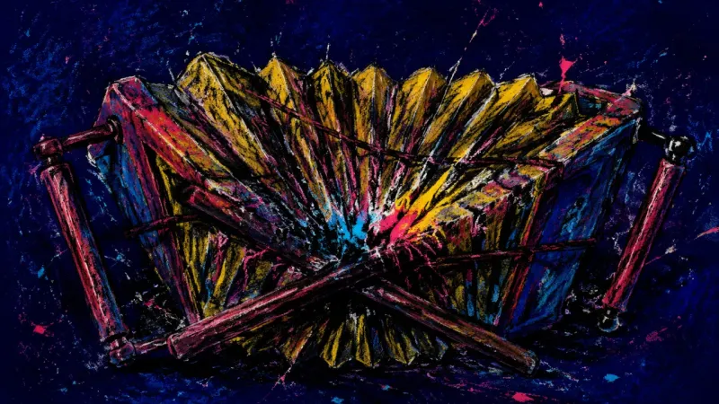Crushed bellows bound by chaotic lines represent compassion fatigue, guilt-driven overlistening, and