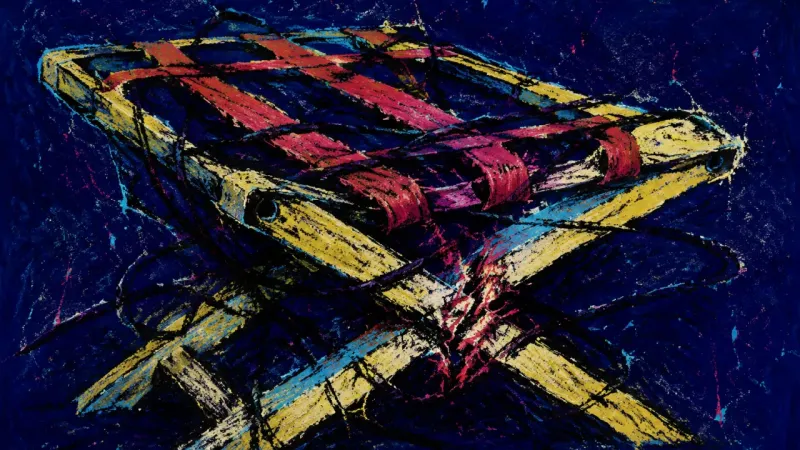 The Collapsed Stay A collapsed luggage rack bound by chaotic lines, representing rental permanence anxiety and the def