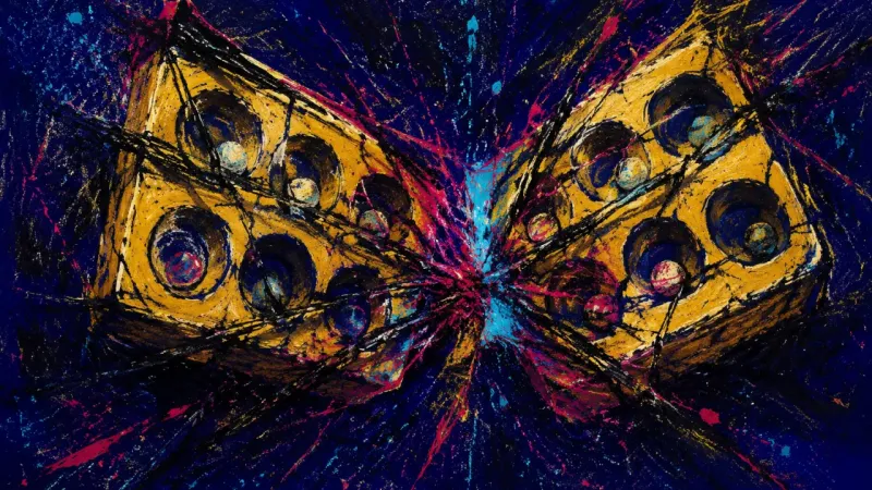 A distorted mancala board compressed into two tangled clusters, representing false-binary paralysis