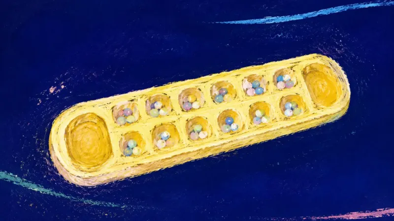 A restored mancala board with every well in balanced order, representing renewed agency beyond false