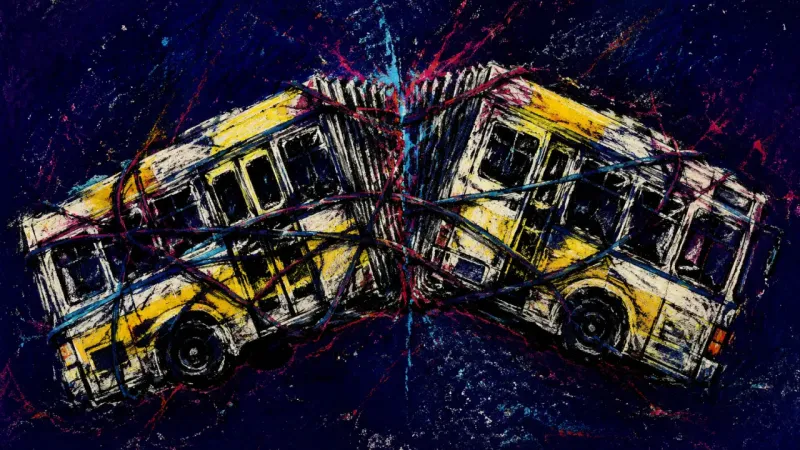 An articulated bus folded into itself and bound by chaotic lines, expressing learned helplessness