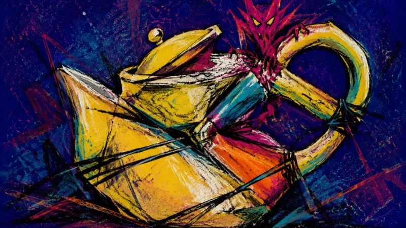 A crushed teapot trapped by tangled lines, representing family peacekeeper guilt and the suppression