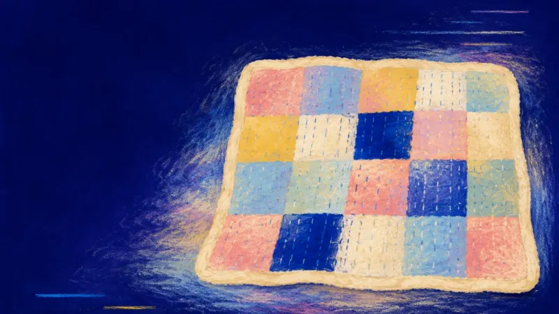 A quilt restored to an open, orderly arrangement, representing paced family repair, consent, and an8