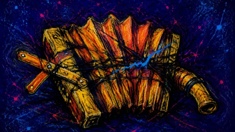 Bellows Under Command A crushed bellows bound by chaotic lines, representing learned silence and lost agency under