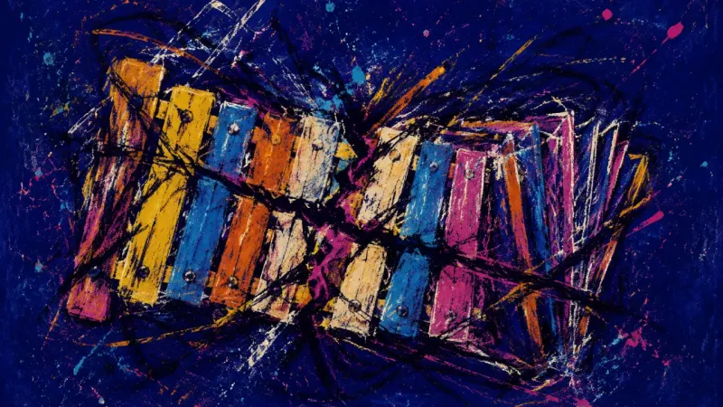 Rhythm Under Siege A crushed xylophone with tangled bars represents academic procrastination and the pressure to feel