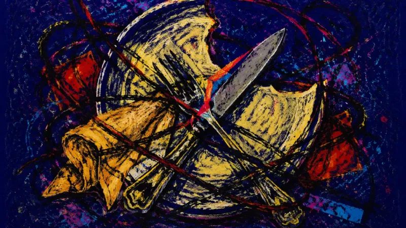 The Compressed Place A distorted place setting bound into a crowded mass, representing self-silencing and oppressive fam