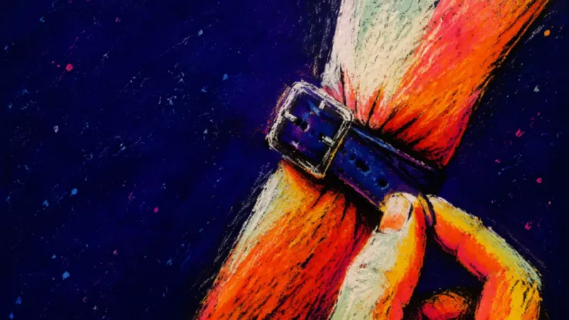 A hand overtightens a watch band until the wrist pinches, symbolizing how past investment can make