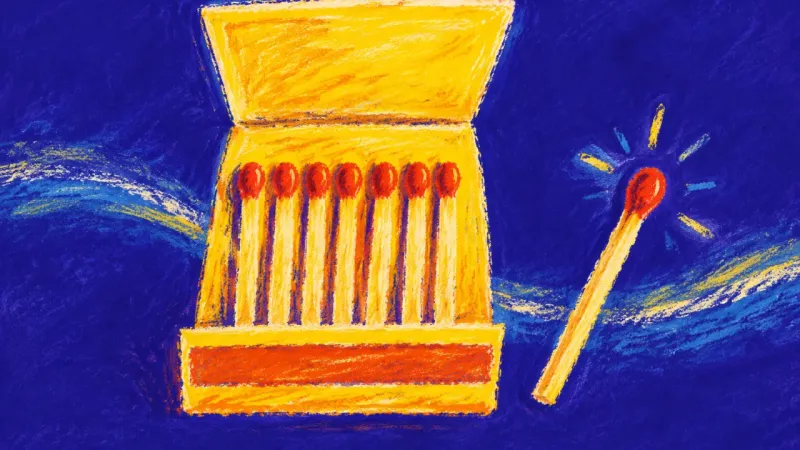 An open, orderly matchbook with one match removed shows past experience retained while a new path is