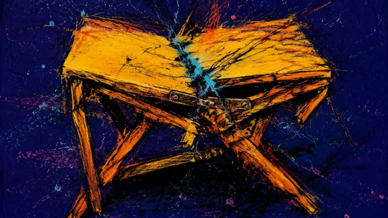 Arrival Folded Shut A collapsed drop-leaf table bound by chaotic lines, expressing post-move paralysis and the pressure