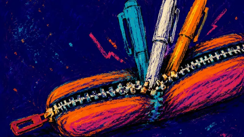 A zippered pen case crammed with mismatched pens, symbolizing the fear of abandoning one self-help️?