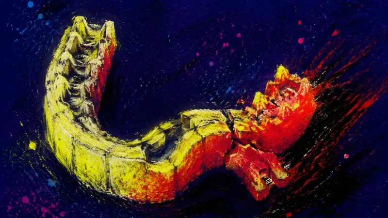 The Quiet Grind A dental night guard bitten through along its rear arches, symbolizing anger compressed to preserve