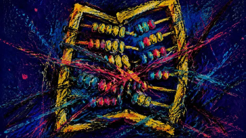The Counted Self A crushed abacus with tangled rows, representing friendship burnout and the pressure to earn