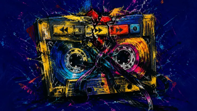 Fast-Forward Jam A tangled cassette player representing pressure to accelerate relationship commitment before feeling