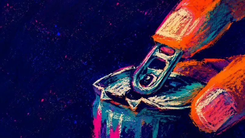 The Crooked Reassurance Tense fingers wrench an unopened drink can's pull tab sideways, reflecting the strain of explaining