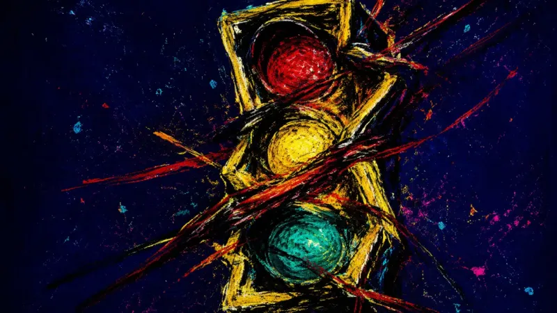 Signals Under Pressure A traffic signal crushed into tangled, overlapping indicators, representing romantic idealization