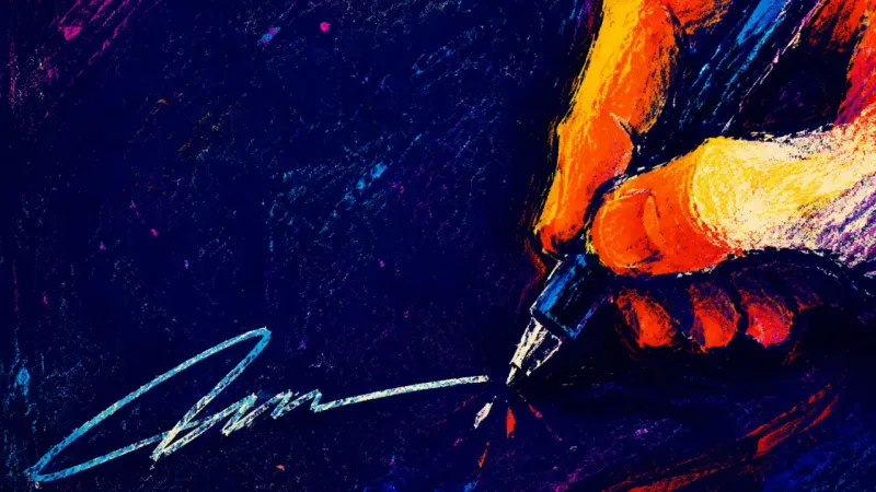A hand pauses during an unfinished signature, symbolizing the fear of claiming authorship while co