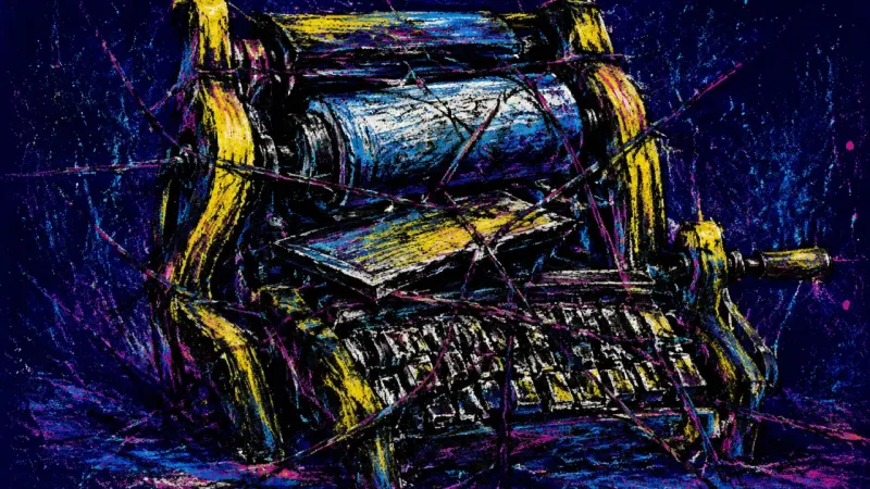 Press Under Siege A crushed printing press tangled in chaotic lines, representing academic choice paralysis and lost
