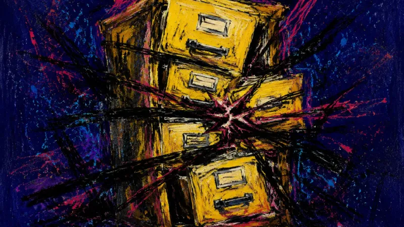 Overloaded Compartments A filing cabinet crushed into tangled drawers, representing social overcommitment and fear that a
