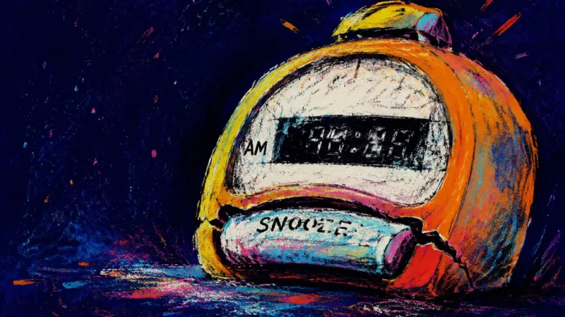 A jammed alarm clock with its snooze bar pressed down, symbolizing a cooling-off pause that becomes﻿