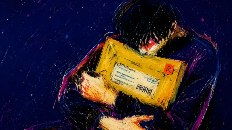 The Unopened Offer A faceless figure clutches an unopened parcel, symbolizing the fear that accepting support will feel