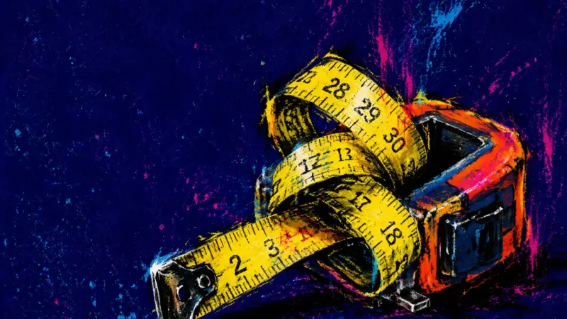 The Held Measure A measuring tape tangled in its case, representing hesitation to make a temporary rental feel like a