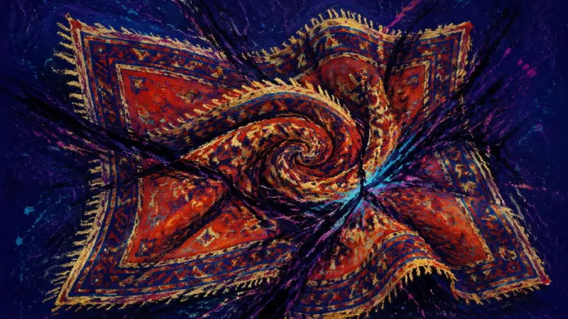 Crushed Welcome A distorted rug bound by dense lines, representing the pressure of withholding care from a temporary