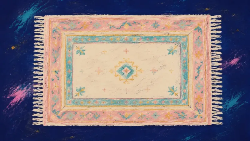 Welcome Unfolded An orderly rug with a clear pattern, representing a rental becoming a lived-in home through small,