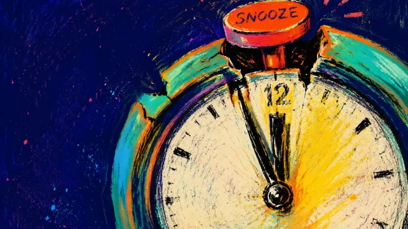 A damaged desk alarm clock symbolizing the shame and avoidance that grow when an unfinished goal is.