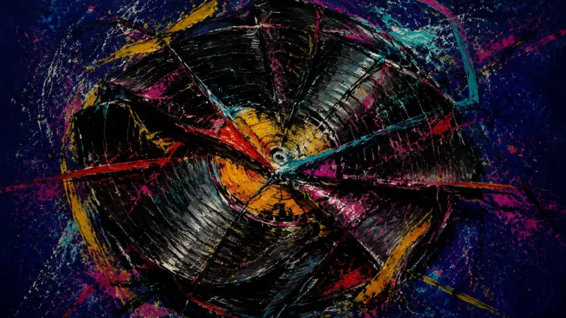 Loop Under Pressure A distorted record trapped in tangled tracks, representing the obsessive replay of intense moments i