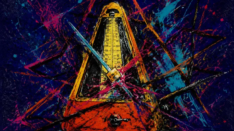A distorted metronome trapped in tangled marks represents the anxious urge to judge a friendship by,