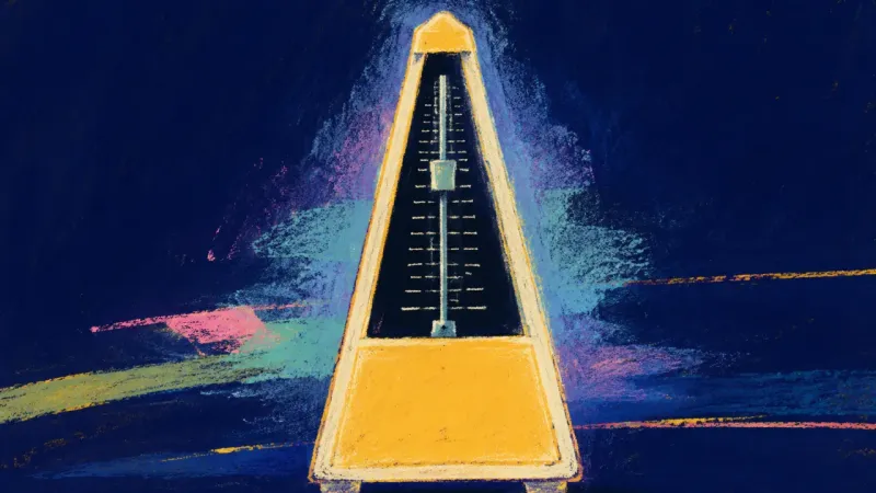 A balanced metronome with a centered pendulum represents holding friendship history and present-day,