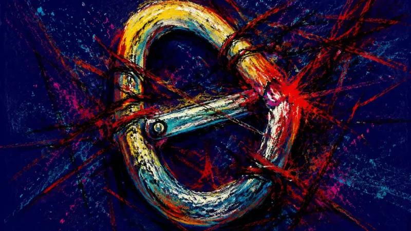 Carabiner Under Strain A distorted carabiner tangled in crushing marks, representing fear that family boundaries will end