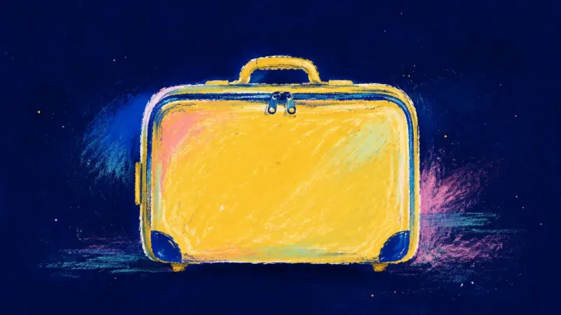 Measured Departure A restored suitcase with a clean handle and zipper line, representing grounded agency through one