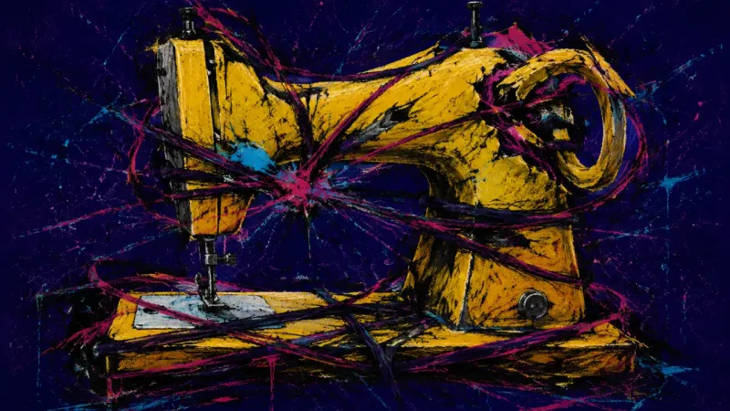 A sewing machine buckled and bound by crossing lines, representing alienation within an outdated