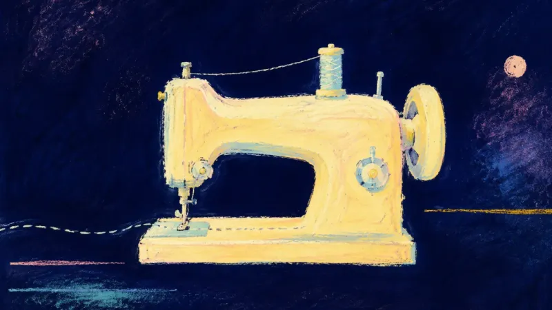 A restored sewing machine with an uninterrupted stitch path, representing structure reclaimed in the