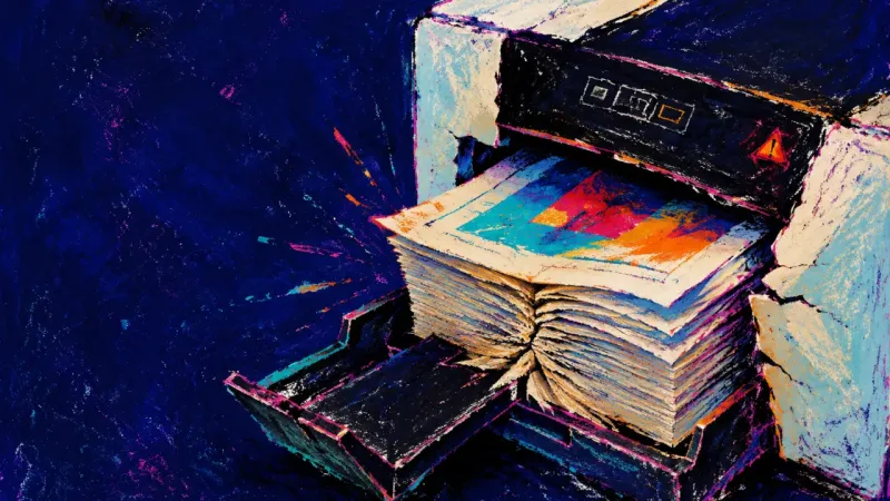 A printer output tray jammed with duplicate portfolio proofs, symbolizing endless revision that bur{