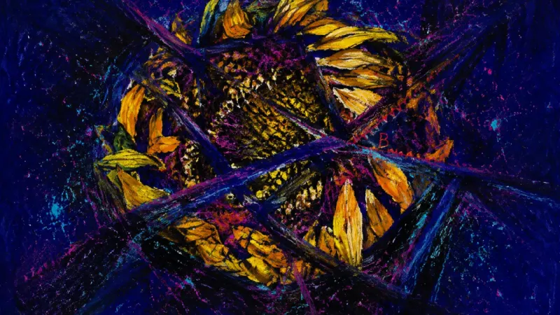 Sunflower Under Verdict A crushed sunflower head bound by chaotic lines, representing creative visibility paralysis and the