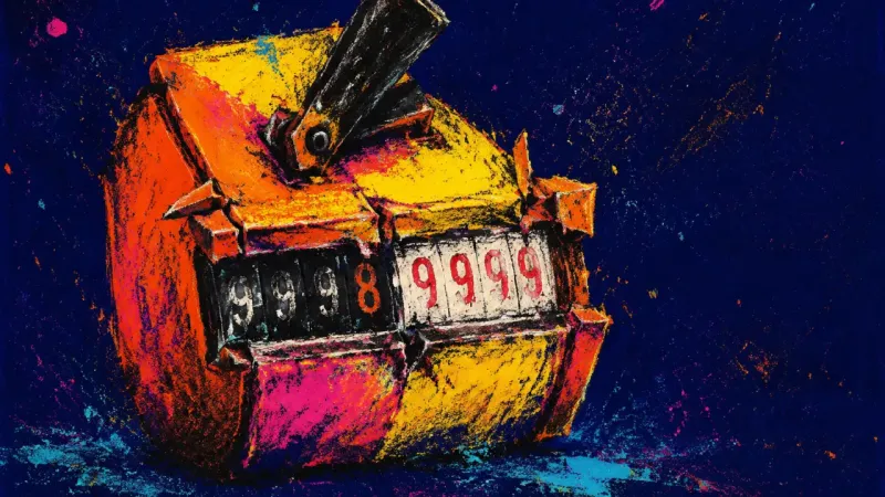 A tally counter jammed between 9998 and 9999, symbolizing compulsive self-help consumption that