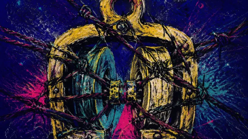 A crushed pulley block bound by chaotic lines, representing self-help overload, choice paralysis,