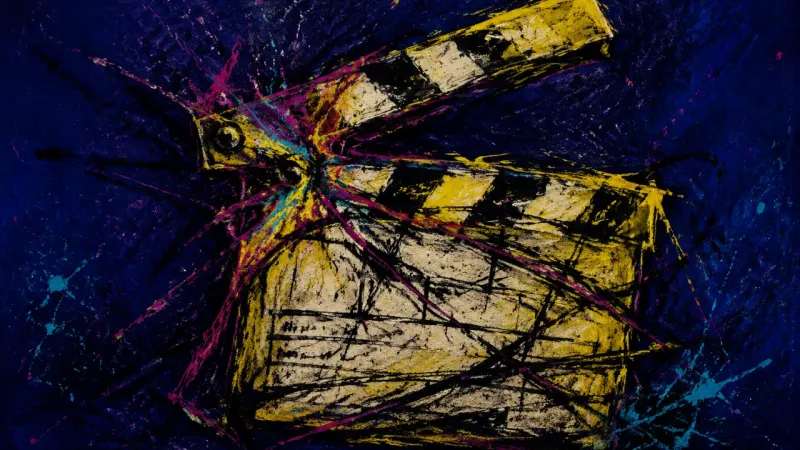 A clapperboard crushed by tangled strokes, representing urgency-driven overcommitment and an