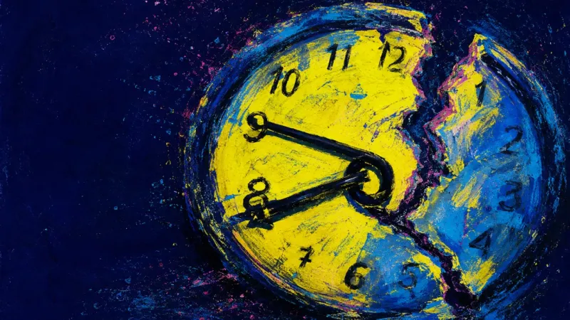 A desk clock jammed at 8:47, its hands tangled across a split face, symbolizing the nightly loop of