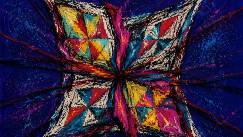 Quilt of False Starts A compressed quilt with misaligned panels and binding lines represents study-choice paralysis and