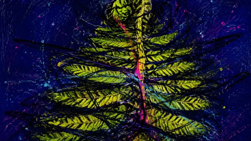 Frond Under Verdict A crushed fern bound by chaotic lines, representing major-choice regret and the oppressive paralysis