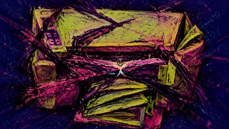 A distorted printer choked by tangled lines represents critique anxiety, stalled drafting, and the