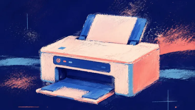 A restored printer with a clear output path represents critique anxiety easing as unfinished work to