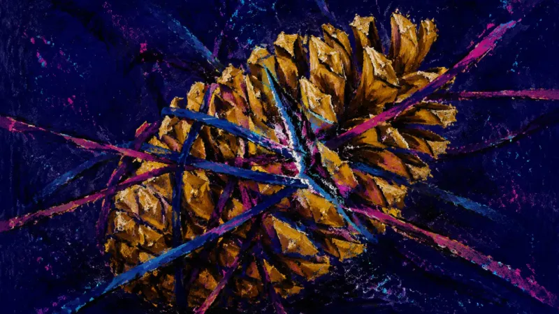 Pinecone Under Pressure A pinecone crushed and bound by chaotic bands, representing feedback-dependent procrastination and
